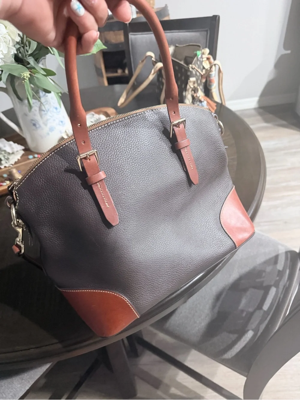 Dooney & Bourke Dark Brown Pebbled Leather Satchel with Tan Accents - Picture 2 of 6